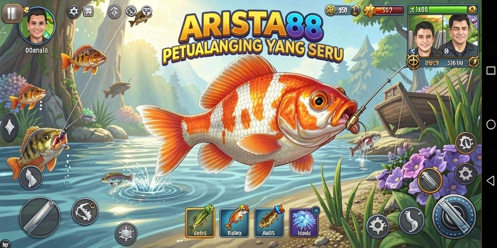 Screenshot gameplay ARISTA88 menunjukkan aksi memancing yang seru.