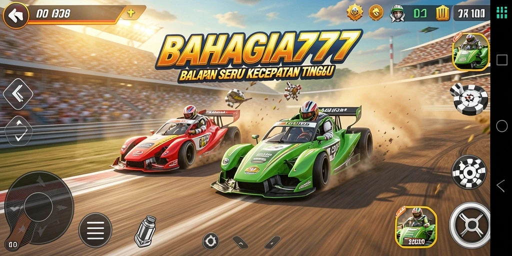 Tampilan gameplay menegangkan di lintasan balap BAHAGIA777.