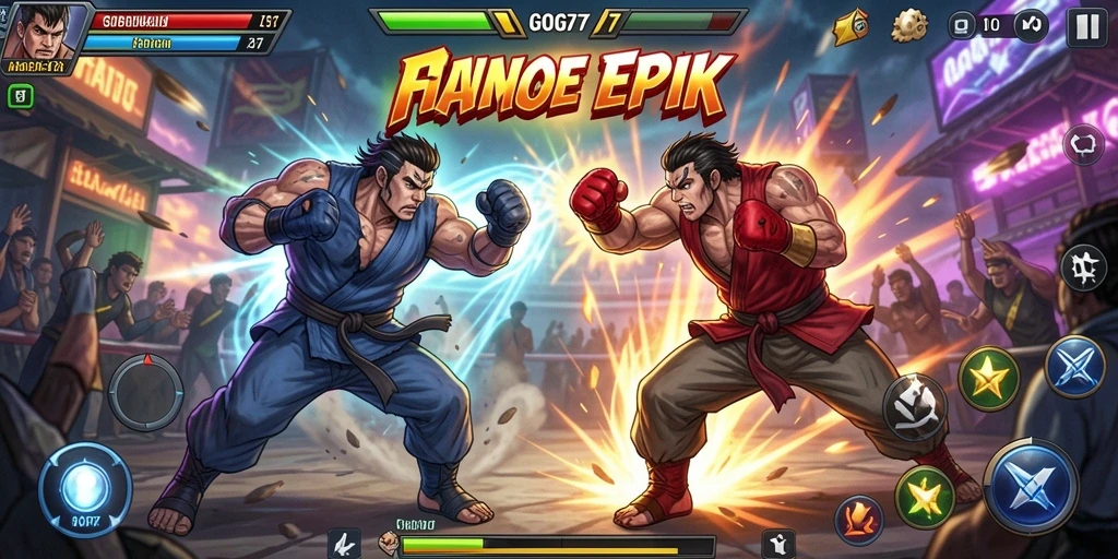 Screenshot gameplay GOGO77 menampilkan pertarungan yang intens.