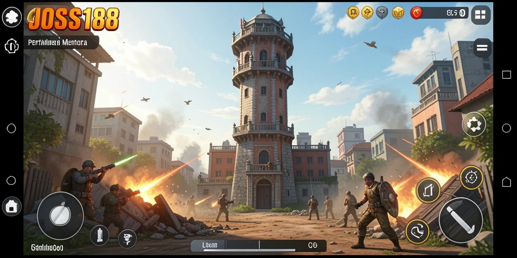 Tampilan gameplay seru JOSS188 dalam menara pertahanan melawan musuh.