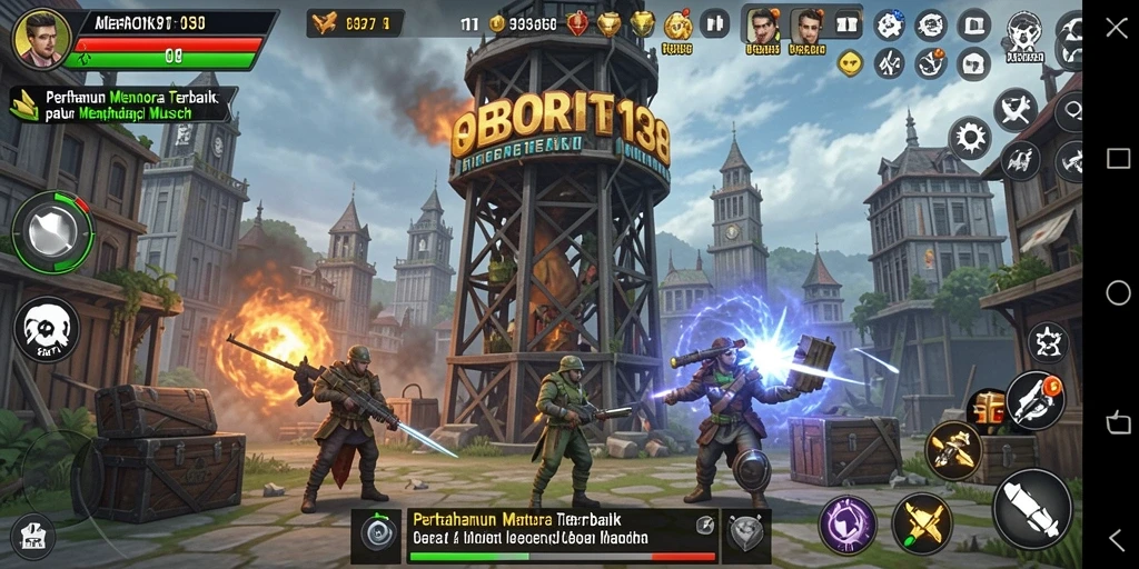 Tampilan gameplay OBOR138 yang menampilkan menara pertahanan melawan musuh.