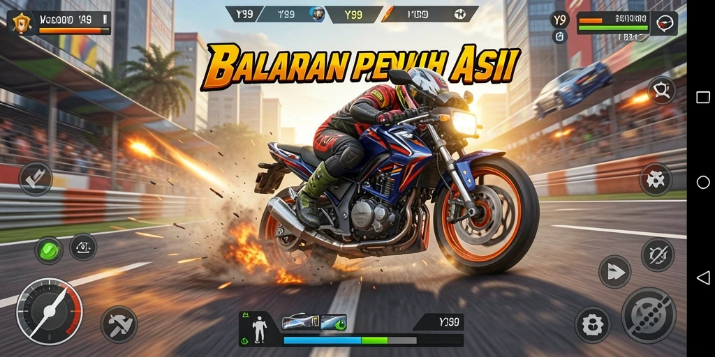 Tampilan gameplay seru dari Y89 dengan balapan motor yang intens.